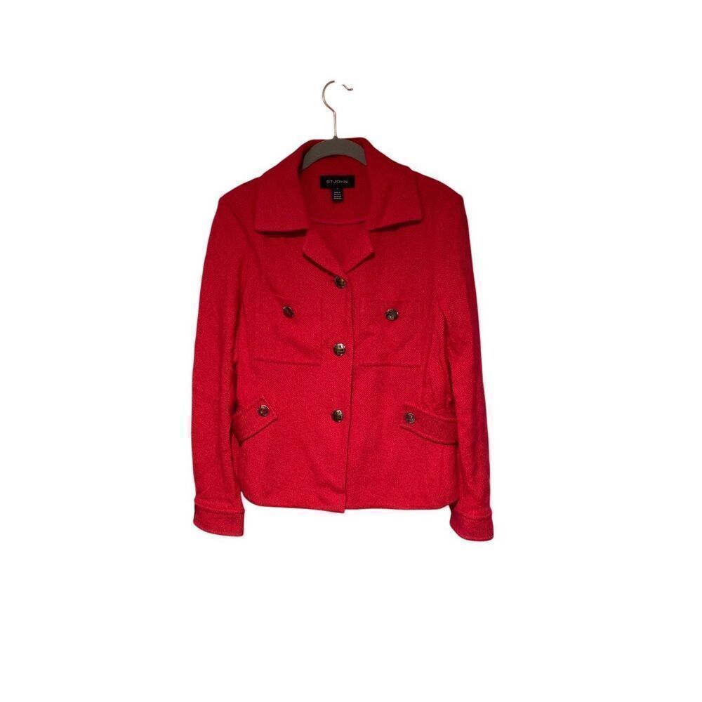 St. John’ women’s blazer jacket Scarlet, pink stretch tweed Cardigan size 10